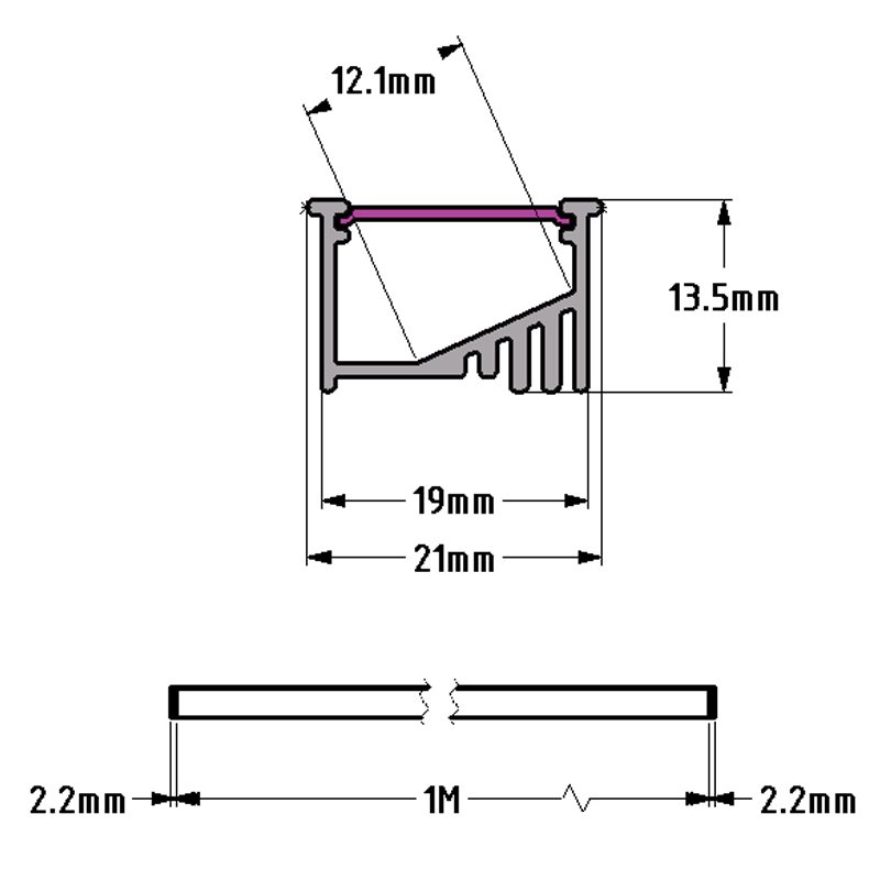Recessed LED Profile, 1m Kit 19mm Wide With Internal Angle Mount Ledal42