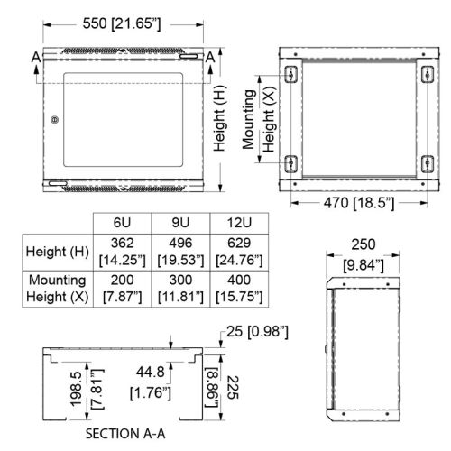 Wall Mount Rack Enclosure 6u 250mm/9.84 Inch Deep M6 Rack Rail R6025-m6-6u