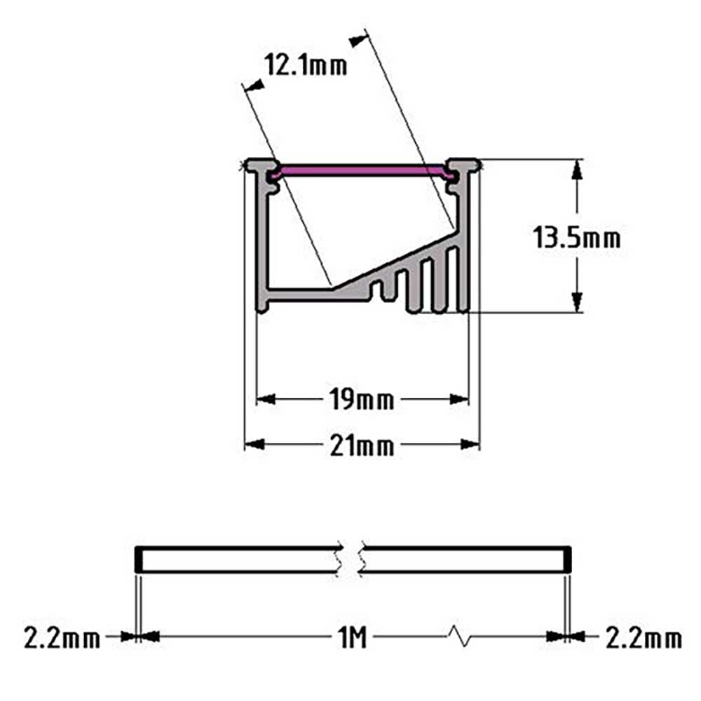 Recessed LED Profile, 1m Kit 19mm Wide With Internal Angle Mount Ledal42